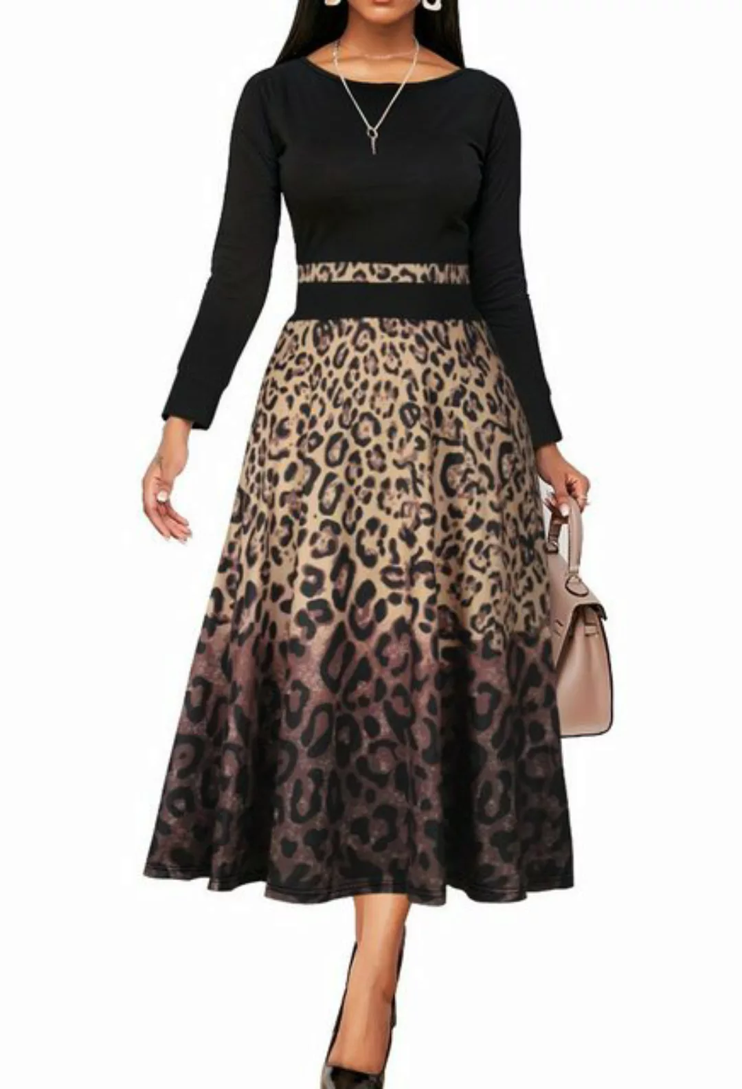 CHENIN A-Linien-Kleid Pendlerkleid mit Leopardenmuster (Maxikleid mit Bohem günstig online kaufen