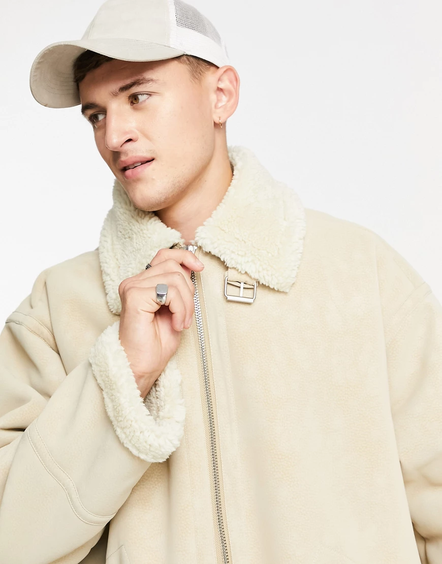 Topman – Pilotenjacke aus Lammfellimitat in Steingrau-Neutral günstig online kaufen