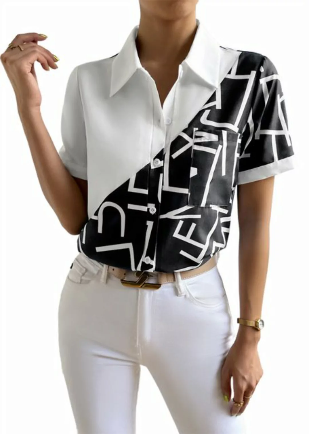 ZWY Hemdbluse Kurzärmliges Slim-Fit-Hemd für Damen mit Revers und Taschen günstig online kaufen