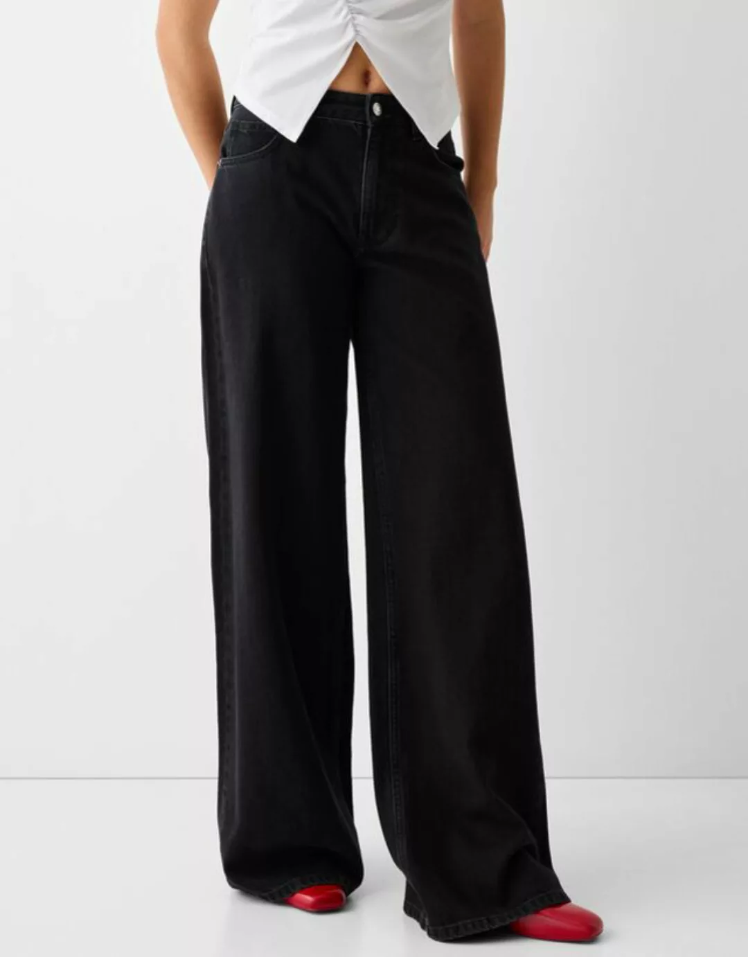 Bershka Wide-Leg-Jeans Damen 42 Schwarz günstig online kaufen