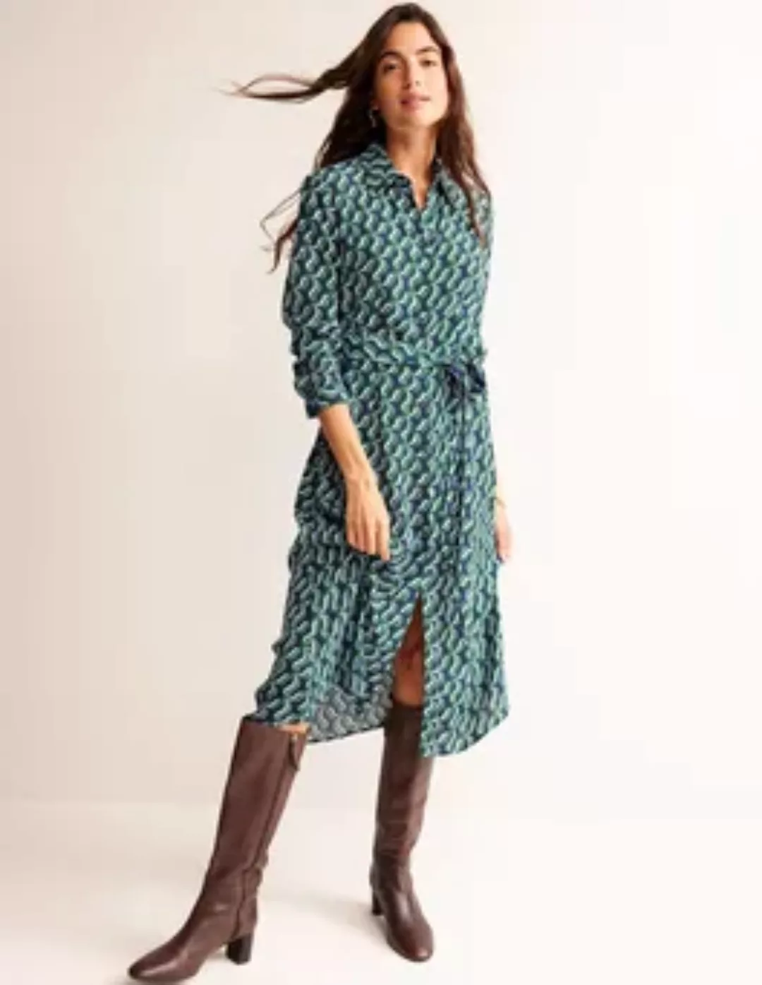Kate Midi-Hemdblusenkleid Damen Boden, Amazonasgrün, Wellenmuster günstig online kaufen