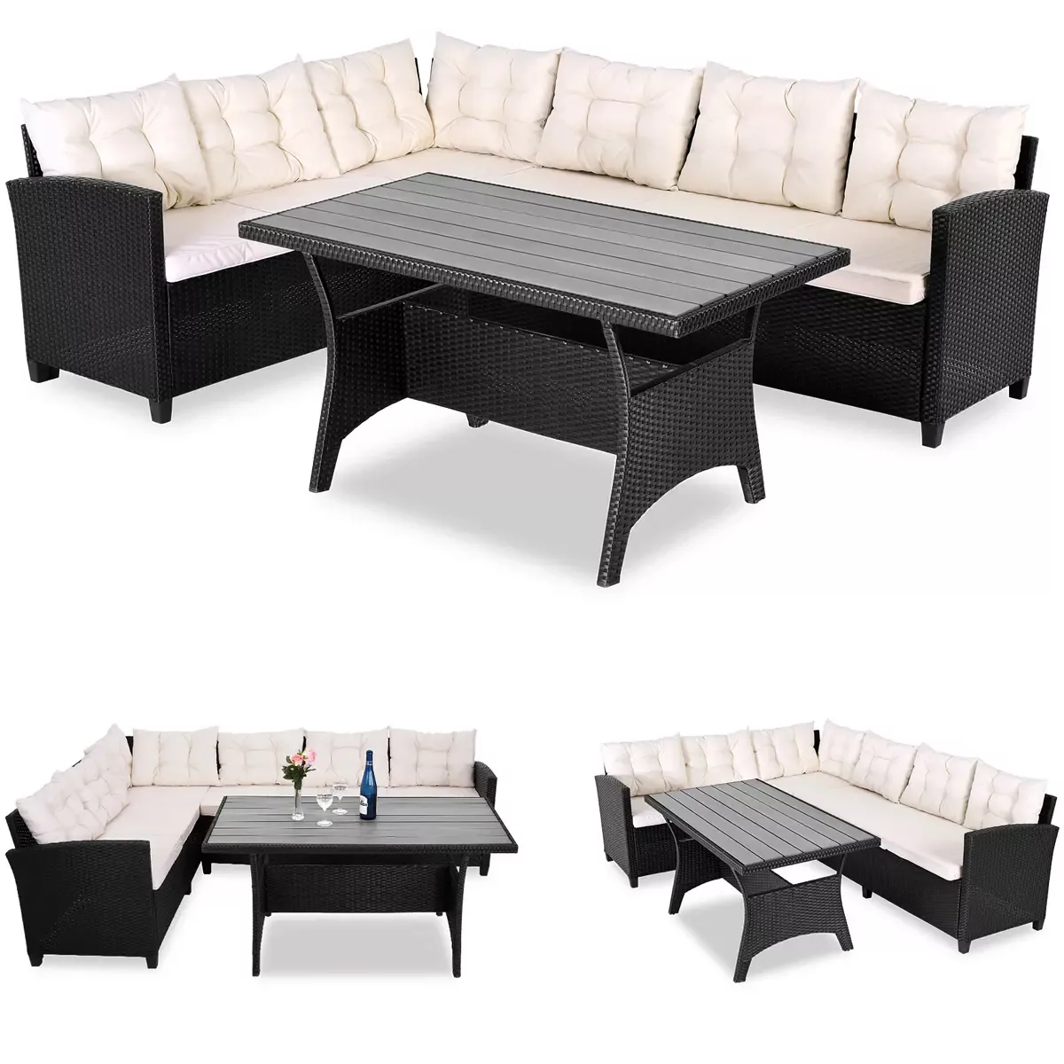 Polyrattan Lounge-Set Schwarz/Creme WPC Tischplatte günstig online kaufen