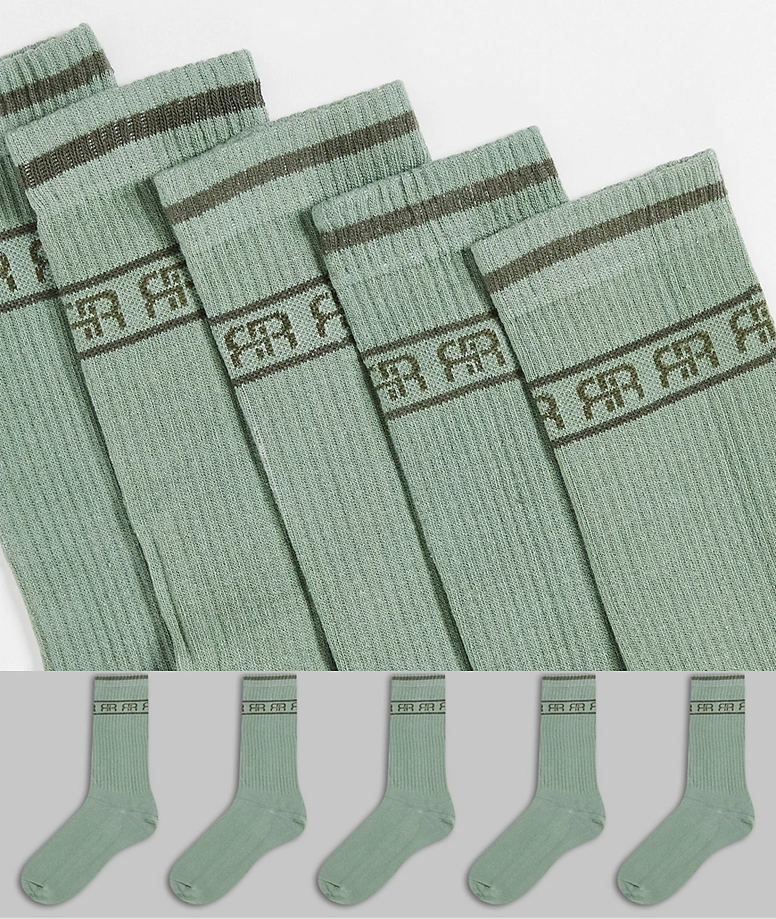 River Island – 5er-Pack lange Socken in Grün mit Streifen günstig online kaufen