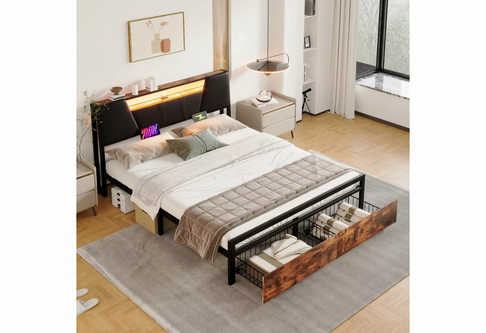 WISHDOR Stauraumbett Flachbett, Bett mit farblich veränderbarem Ambientelic günstig online kaufen