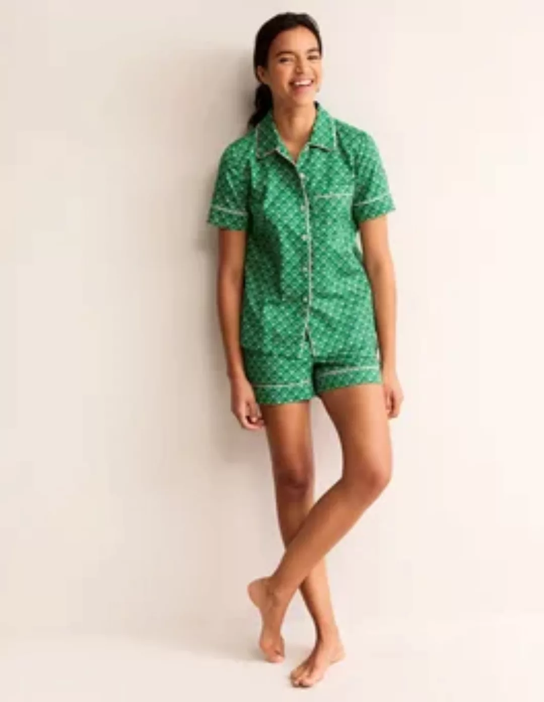 Schlafanzug-Shorts aus Baumwollsatin Damen Boden, Grün, kleiner Zweig günstig online kaufen