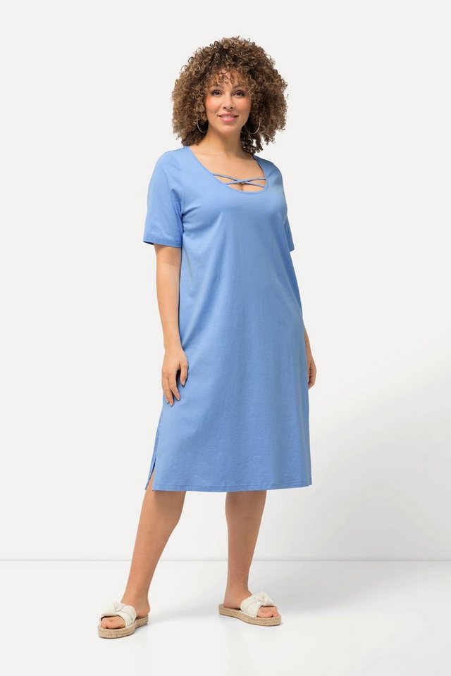 Ulla Popken Sommerkleid Jerseykleid Zierbänder A-Linie Rundhals Halbarm günstig online kaufen