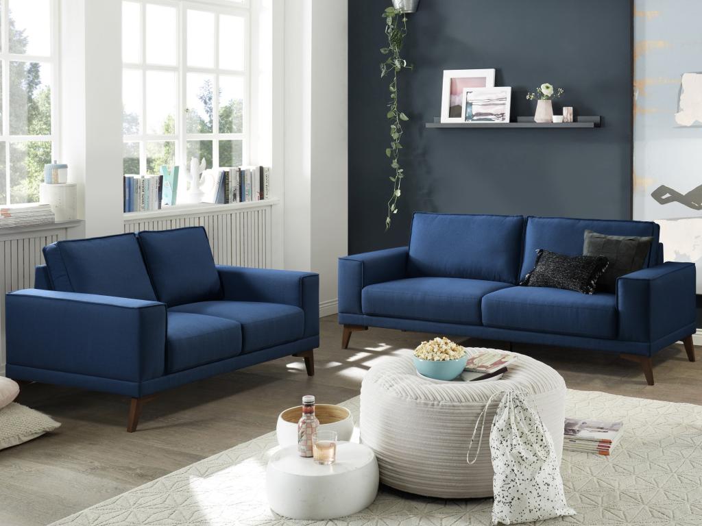 Sofa 3-Sitzer - Stoff - Dunkelblau mit Holzfüßen - MOSSEA günstig online kaufen