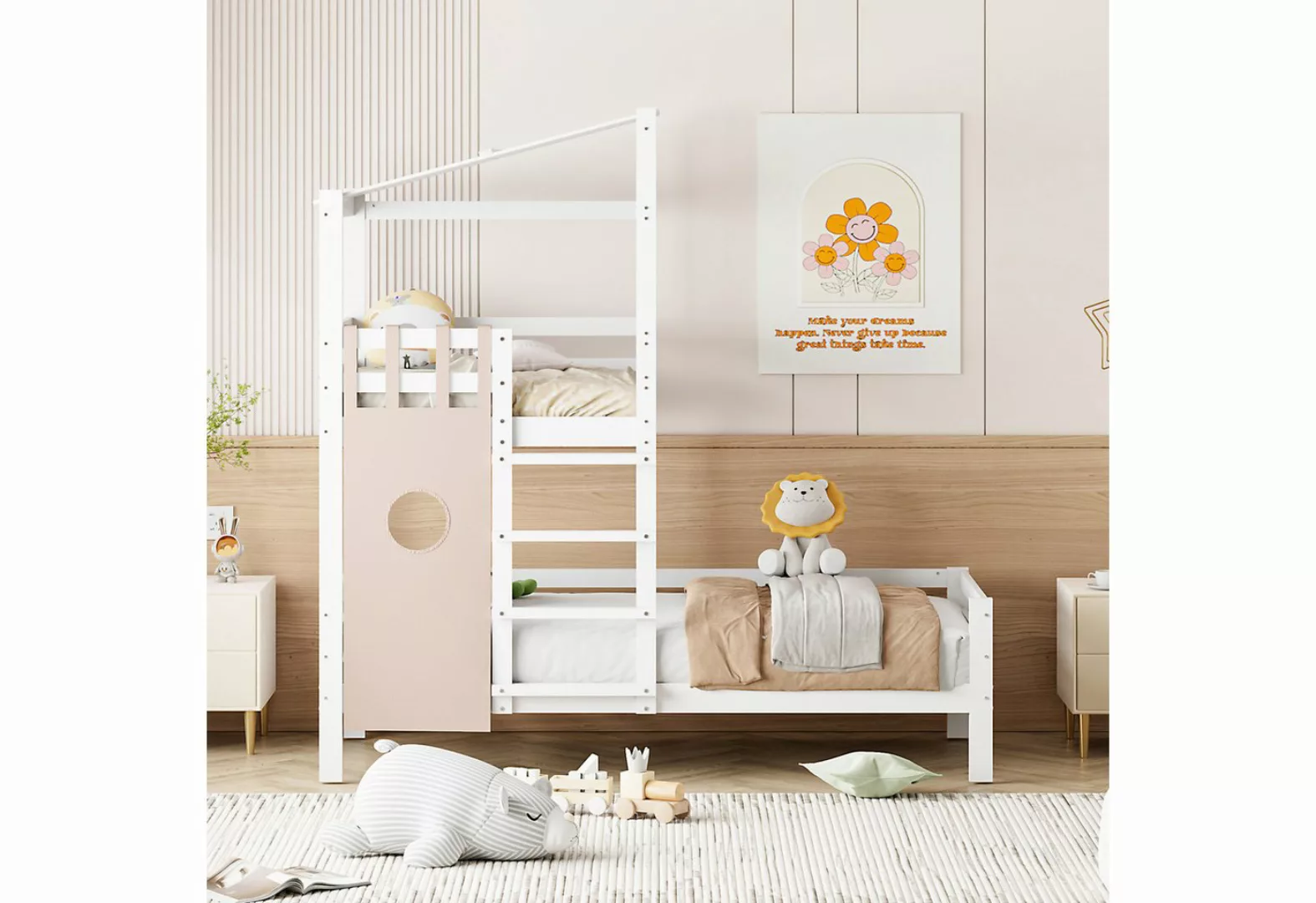 EXTSUD Etagenbett Kinderbett 90x200 Etagenbett mit Dach Premium Massivholzb günstig online kaufen