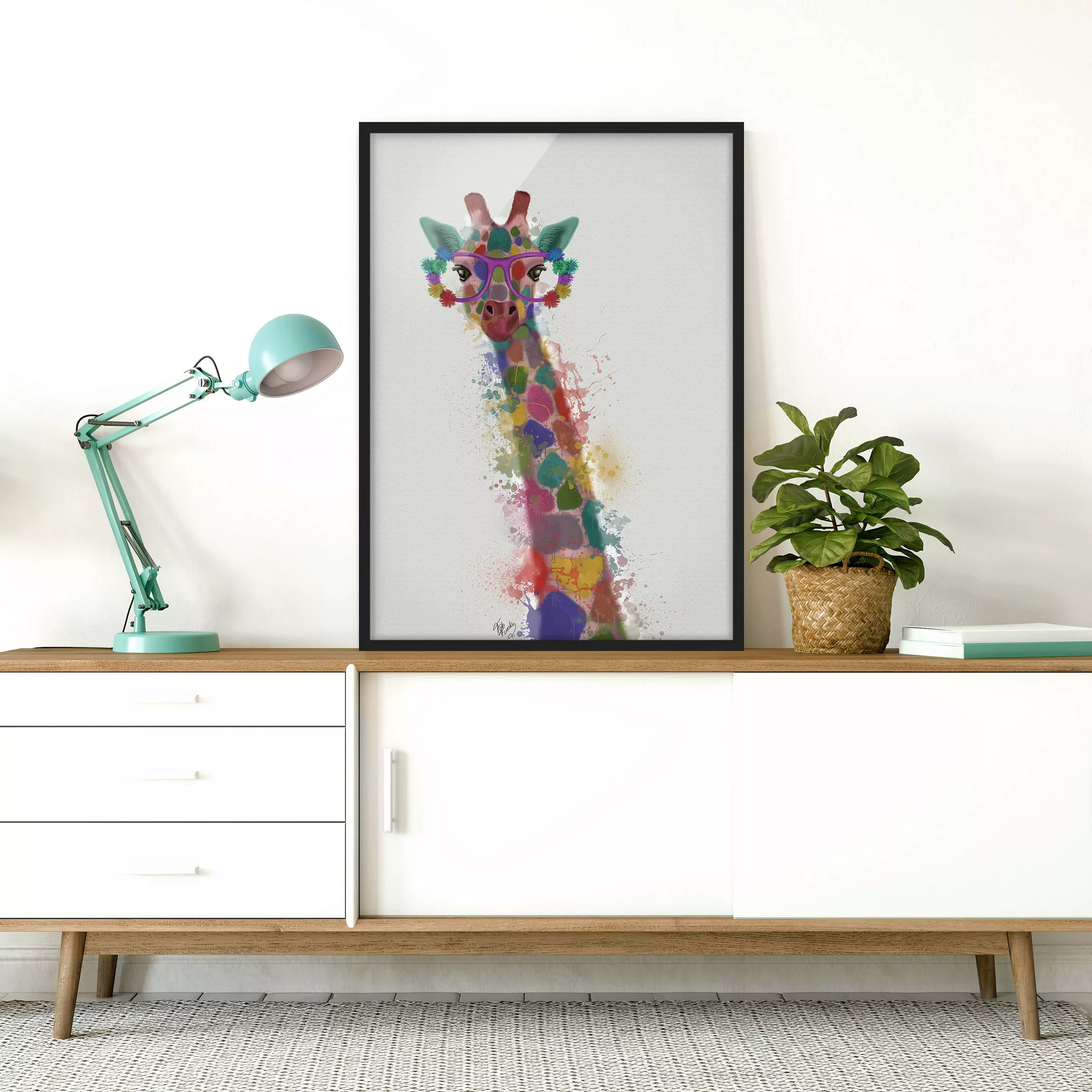 Bild mit Rahmen Kinderzimmer - Hochformat Regenbogen Splash Giraffe günstig online kaufen