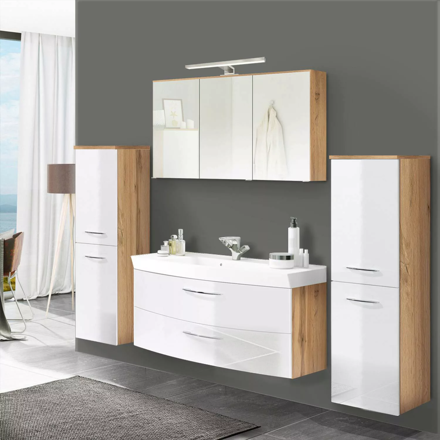 Lomadox Badezimmermöbel Set mit 120cm Wasch-Becken FLORIDO-03-OAK weiß Hoch günstig online kaufen