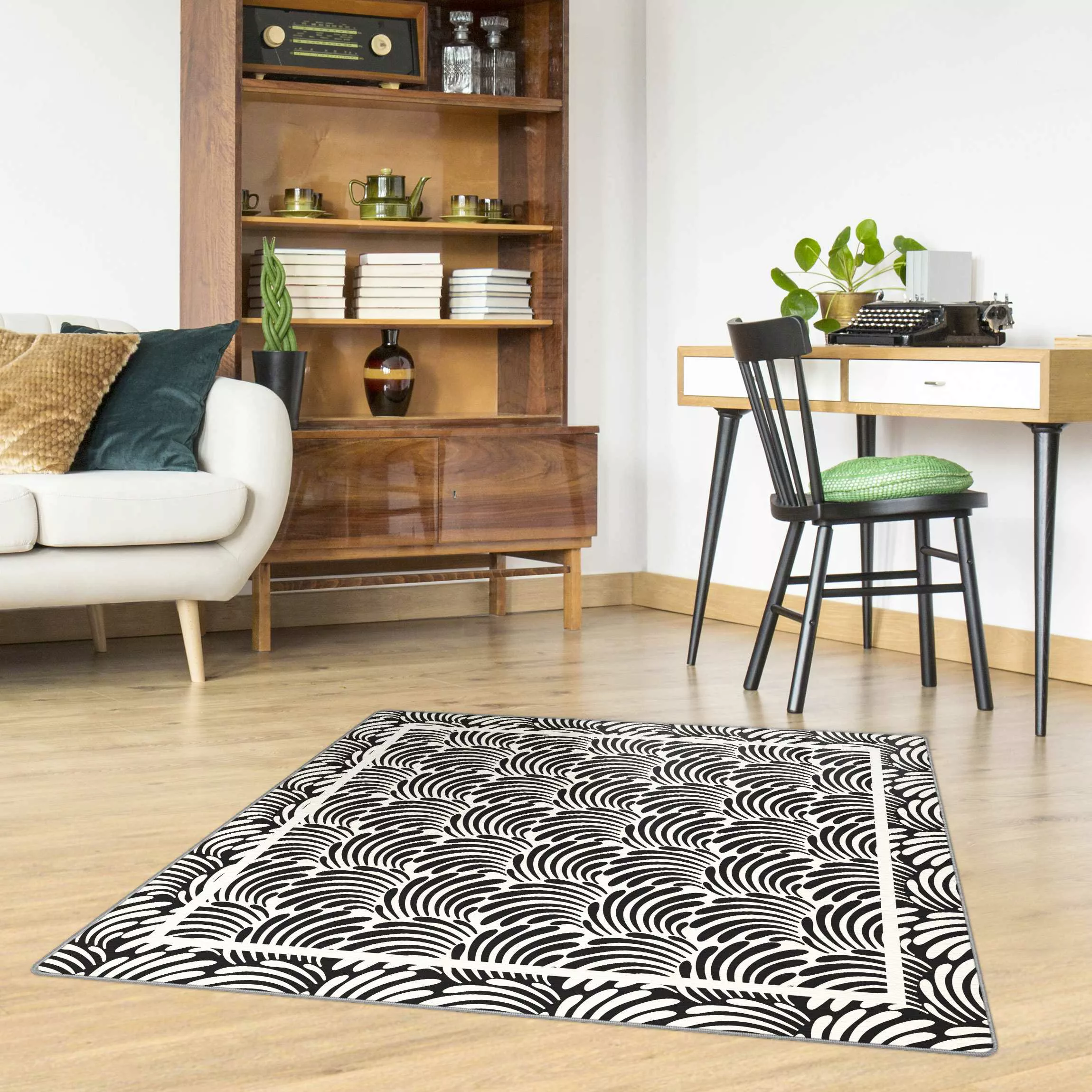 Teppich Quadratische Blätterornamente Schwarz Weiß mit Rahmen günstig online kaufen