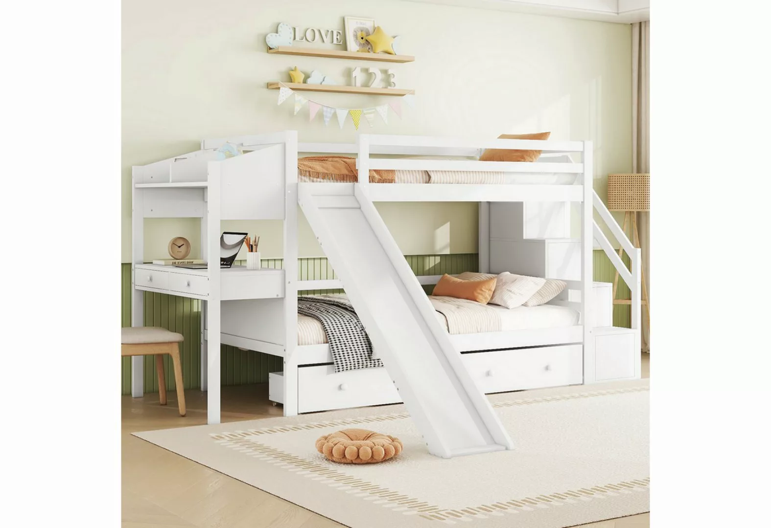 OKWISH Etagenbett Holzbett Kinderbett Einzelbett Stauraumbett (mit Rutsche, günstig online kaufen