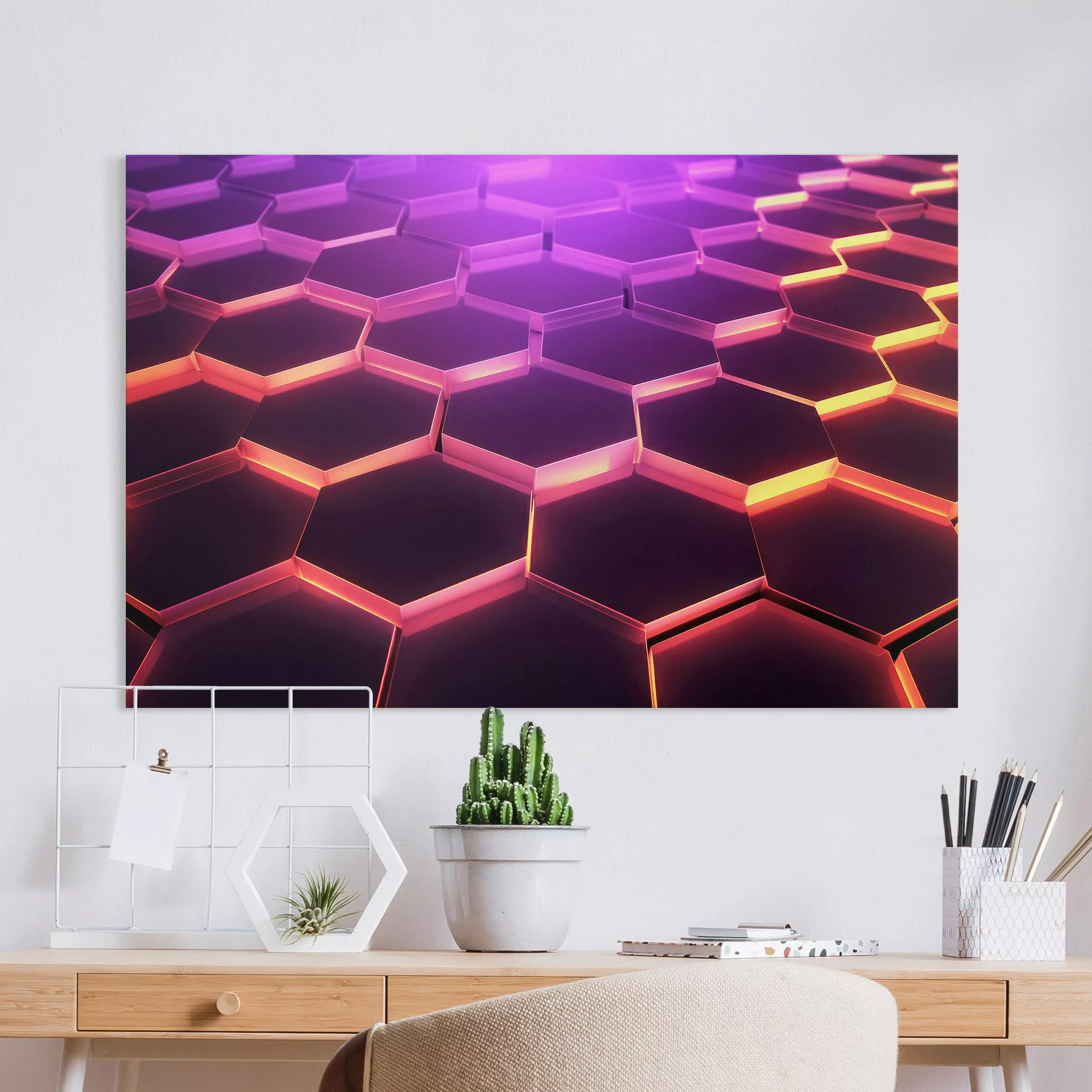 Leinwandbild Hexagone mit Neonlicht in Rosa und Lila günstig online kaufen