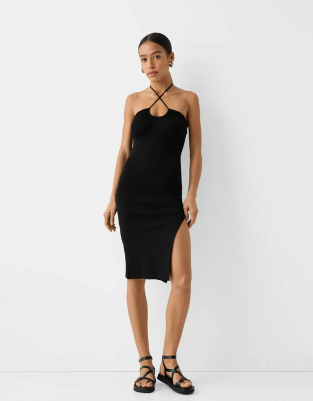 Bershka Midikleid Mit Schlitz Und Raffung Damen Xs Schwarz günstig online kaufen