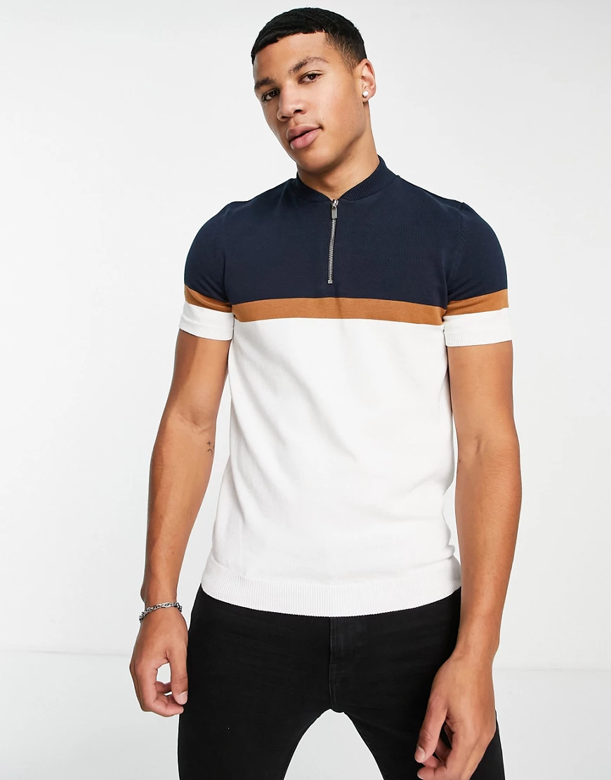 Topman – Baseball-Poloshirt aus Strick mit Zierbahnen in Marineblau und Wei günstig online kaufen