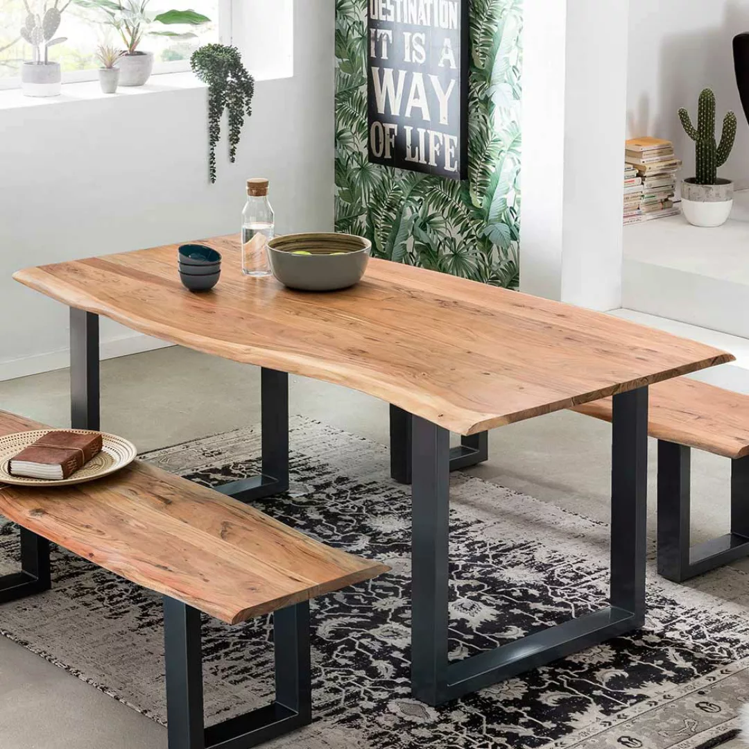 Baumkanten Esstisch aus Akazie Massivholz und Stahl Loft Design günstig online kaufen