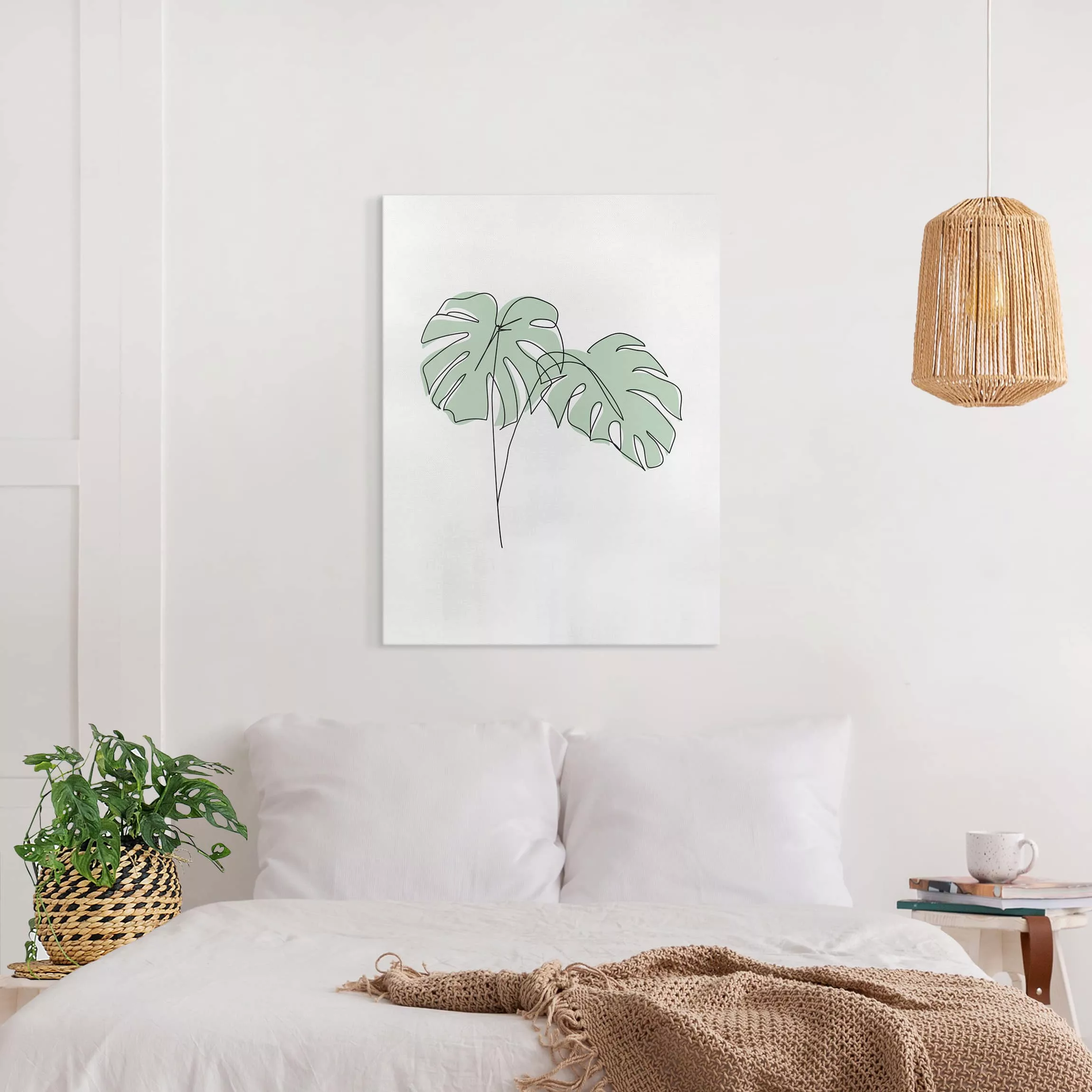 Leinwandbild Blumen - Hochformat Monstera Blätter Line Art günstig online kaufen