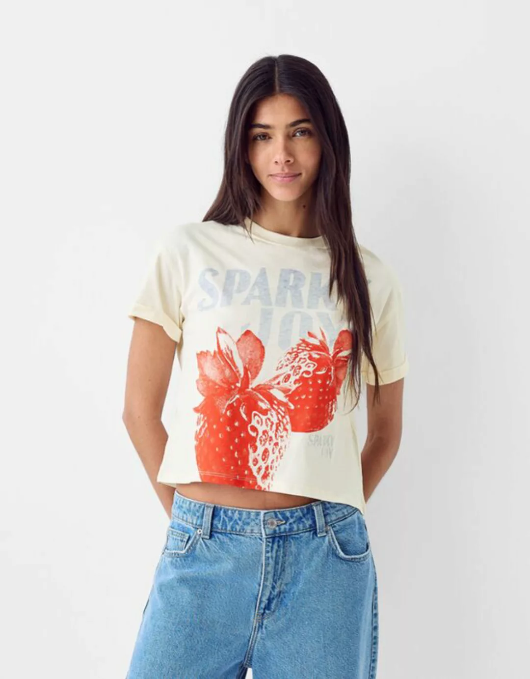Bershka T-Shirt Mit Print Damen L Beige günstig online kaufen