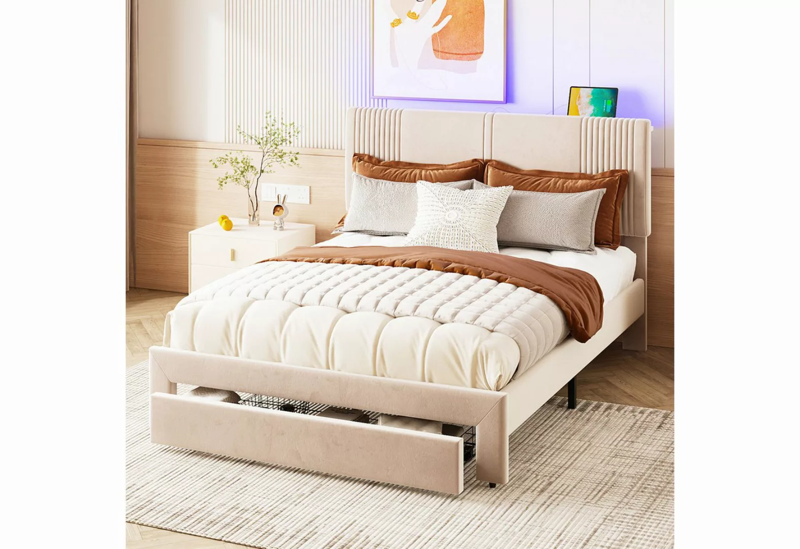 BlingBin Polsterbett Hautfreundliches Doppelbett (140 x 200 cm), Lichtleist günstig online kaufen