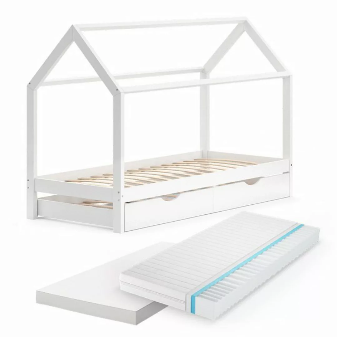 VitaliSpa® Kinderbett Hausbett Gästebett 90x200cm WIKI Weiß Schublade 2 Mat günstig online kaufen