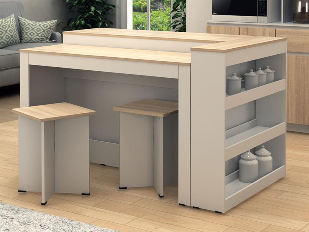 Set zentrale Kücheninsel + 2 Hocker - Weiß & Holzfarben hell - NUSICE günstig online kaufen