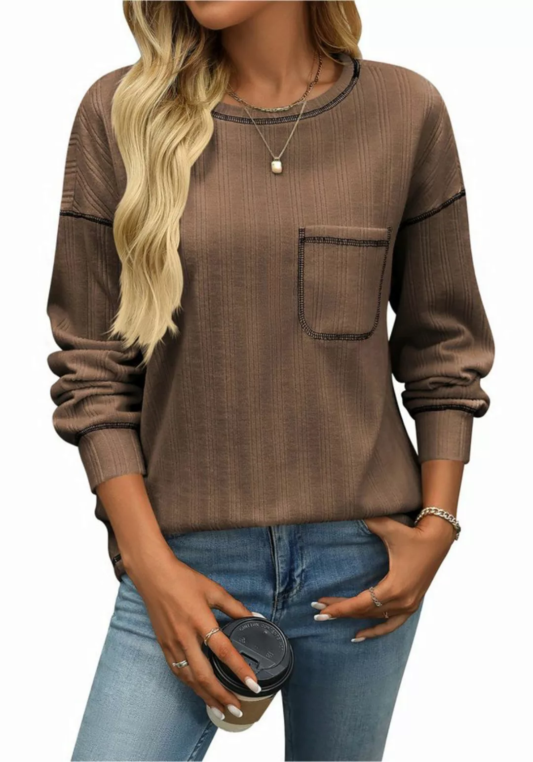 Zoclack Langarmshirt Damen Langarm Shirt mit Tasche,Freizeithemden günstig online kaufen