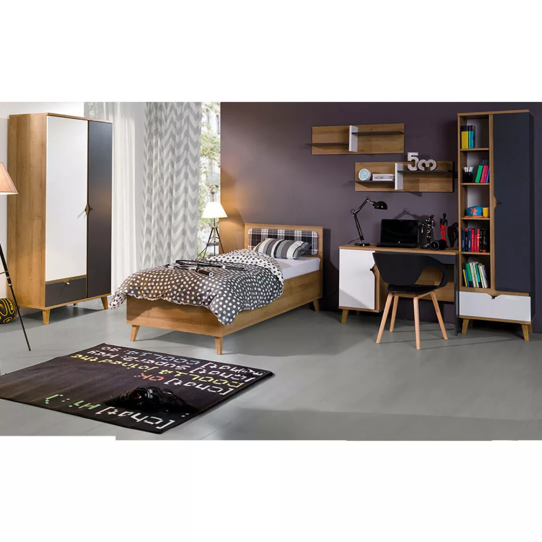 Jugendzimmer Komplett-Set MARIBOR-132 mit Bett 90x200 in Eiche mit graphit günstig online kaufen