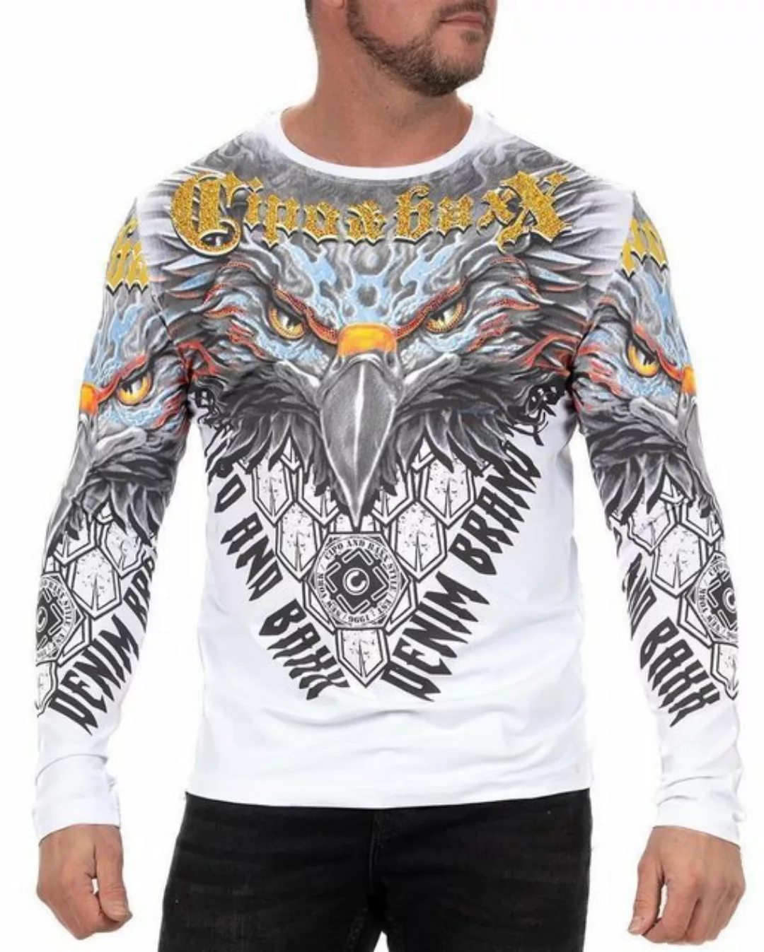 Cipo & Baxx Longsleeve Herren Longsleeve BA-CL488 Weiß S mit einem Adler Pr günstig online kaufen