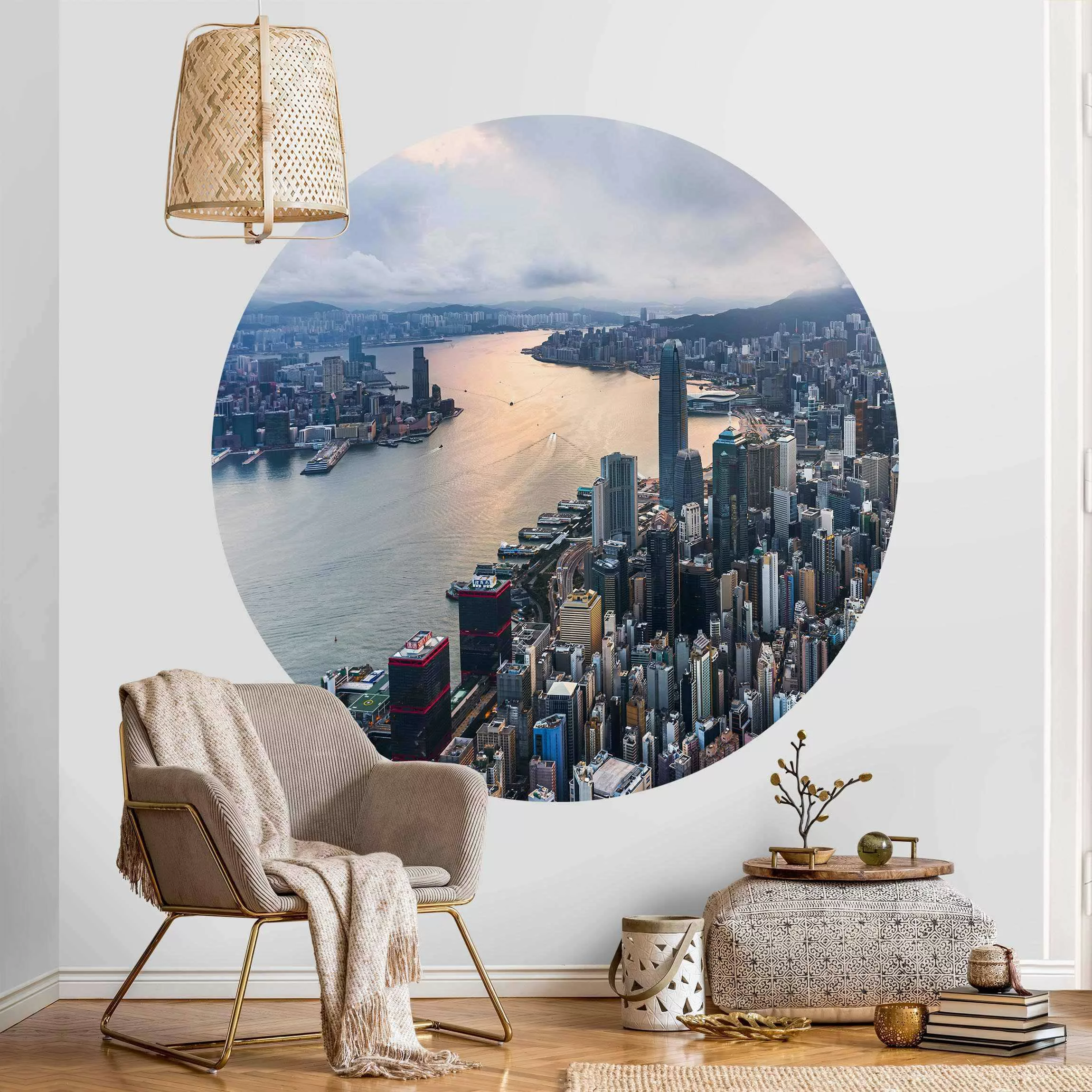 Runde Tapete selbstklebend Hongkong bei Sonnenaufgang günstig online kaufen