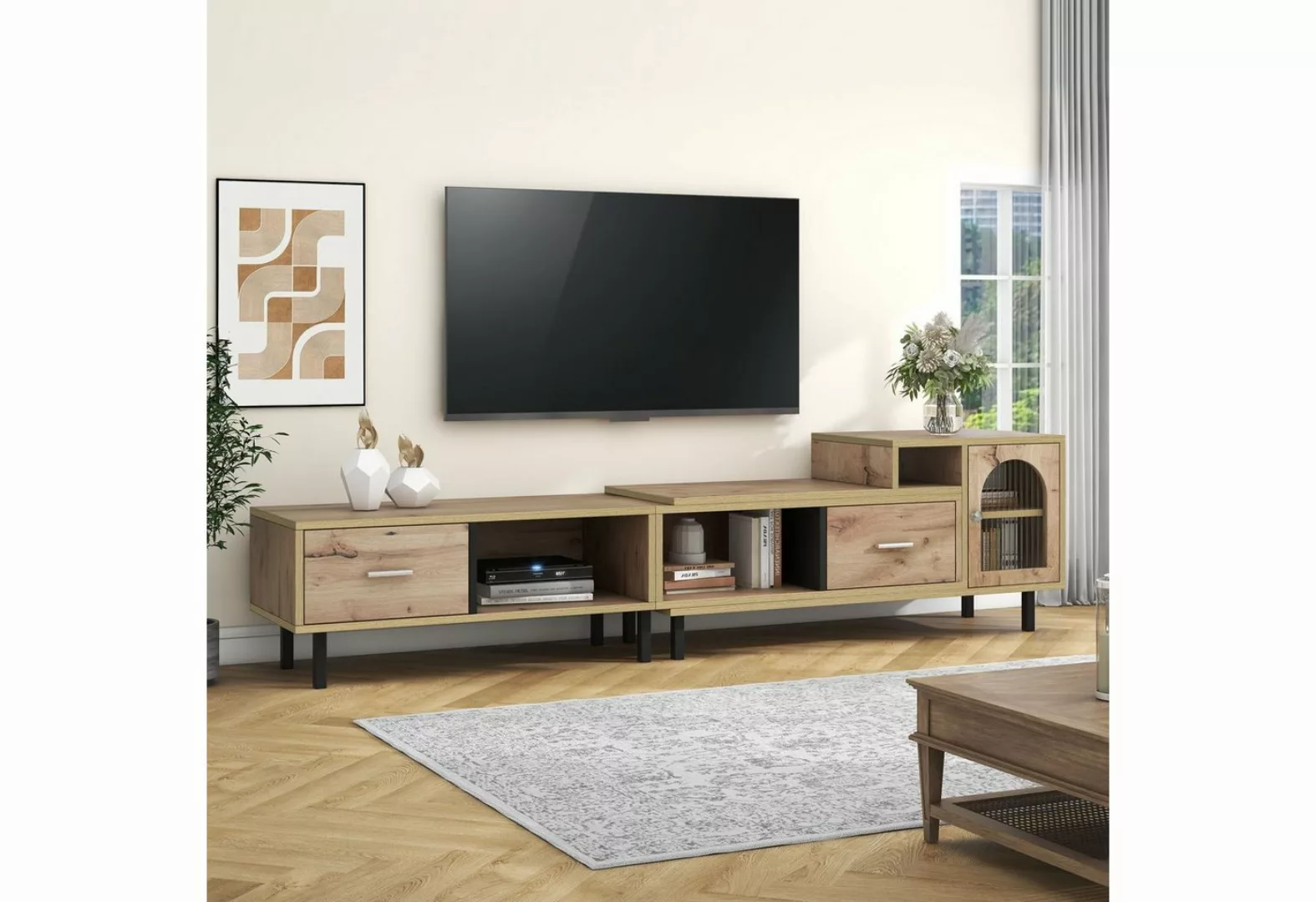 Odikalo TV-Schrank Sideboard Erweiterbar Holzoptik 4 Fächer 2 Glastür 200-2 günstig online kaufen