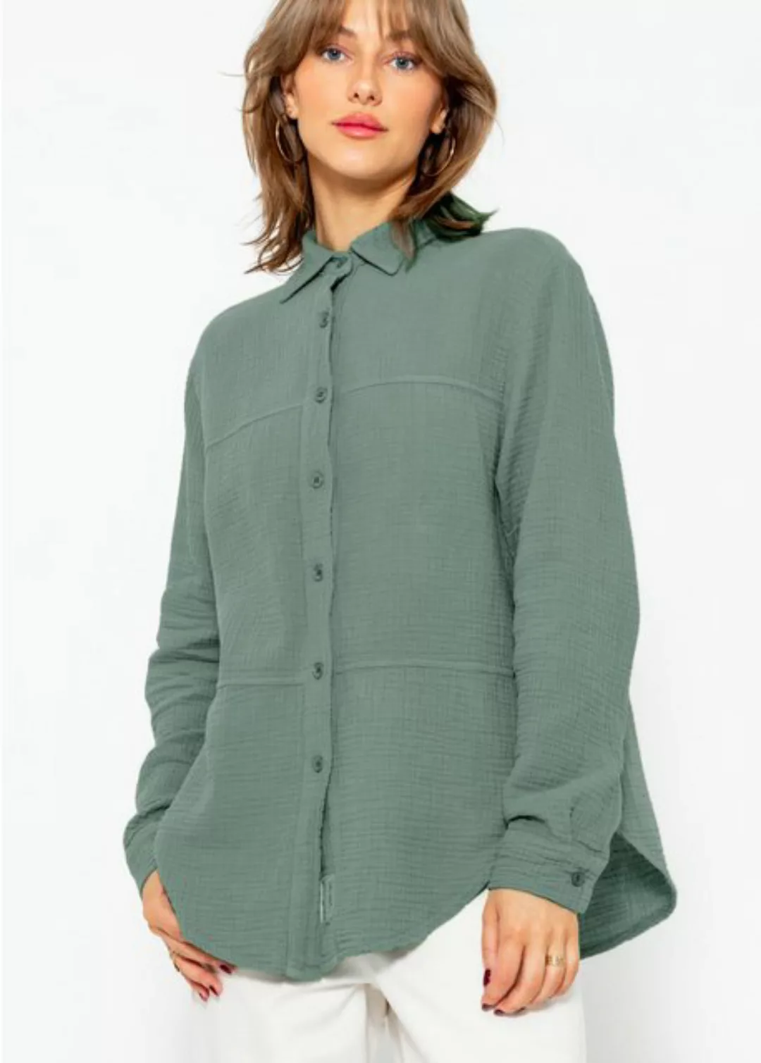 SASSYCLASSY Longbluse Musselin Bluse mit Ziernähten Baumwoll Bluse mit Patc günstig online kaufen