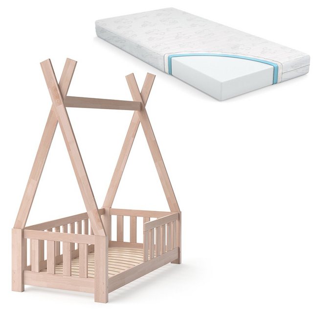 VitaliSpa® Kinderbett Tipi, Naturholz, 70x140 cm mit Zaun und Matratze günstig online kaufen