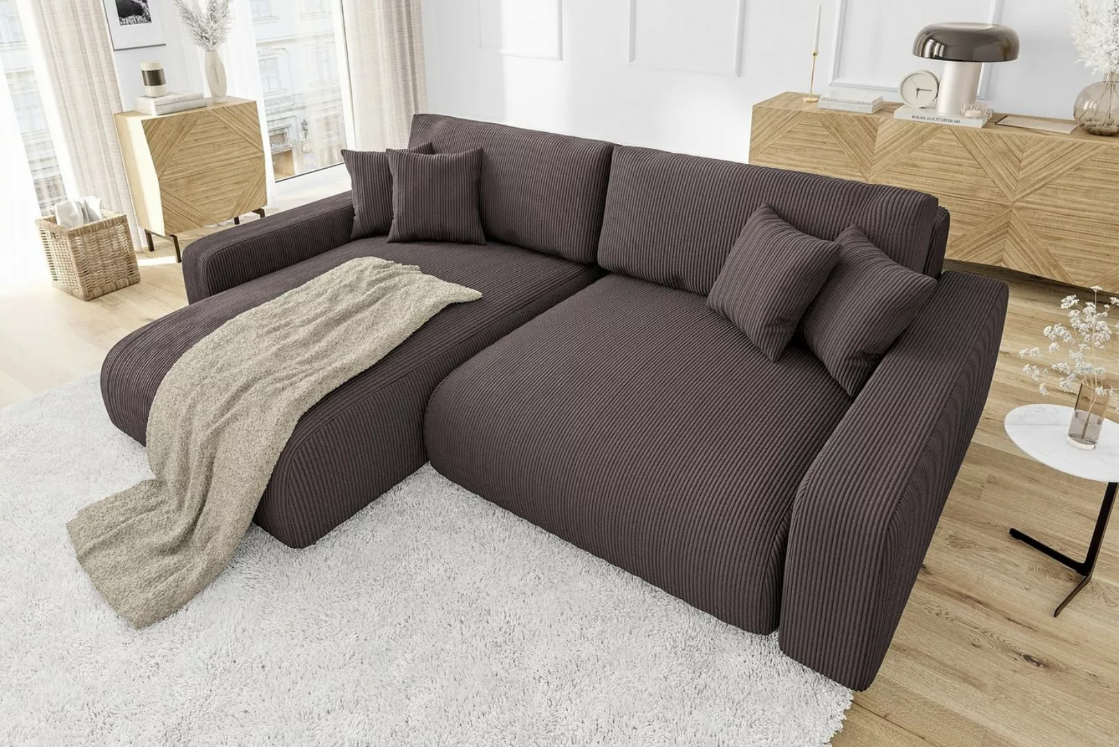 S-Style Möbel Ecksofa Emma mit Bettfunktion in Cord-Stoff schöner Sitzkomfo günstig online kaufen