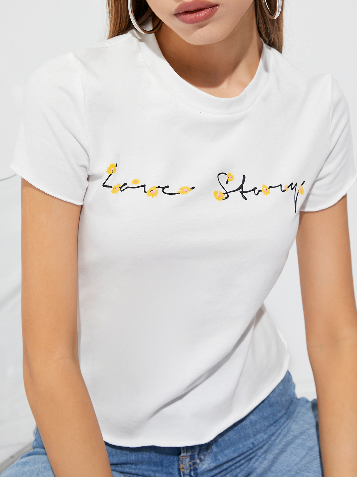 YOINS White Letter & Blumendruck Kurzarm T-Shirt günstig online kaufen