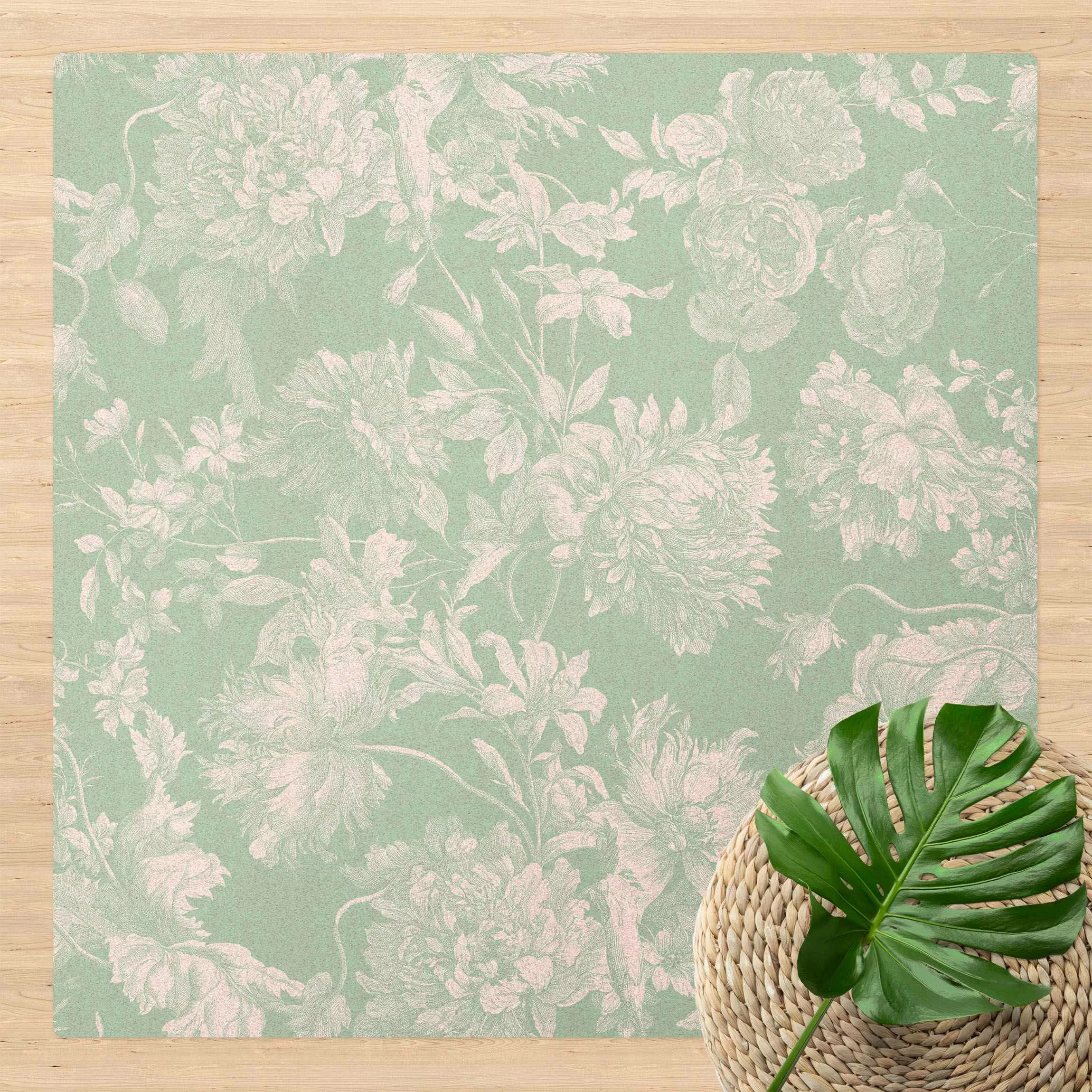 Kork-Teppich Floraler Kupferstich Weißgrün günstig online kaufen