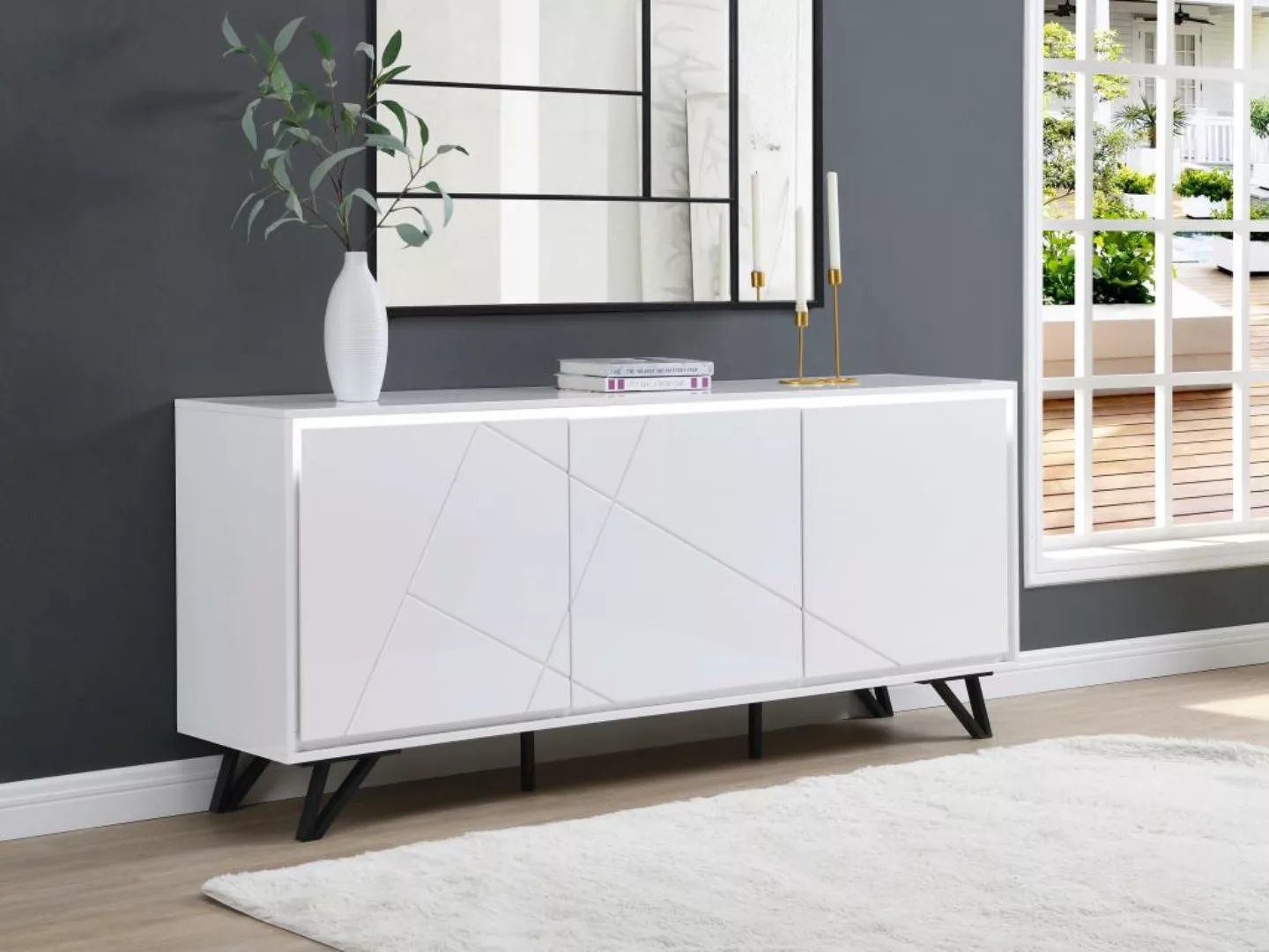 Sideboard 3 Türen - Mit LED-Beleuchtung - MDF - Weiß lackiert - SALIANO günstig online kaufen