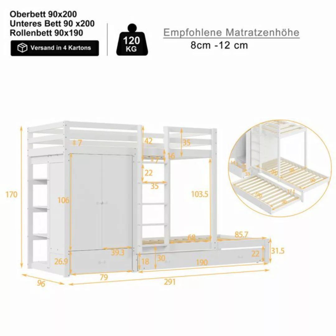 IDEASY Etagenbett aus Massivholz 90*200 mit Ausziehbett, multifunktionales, günstig online kaufen