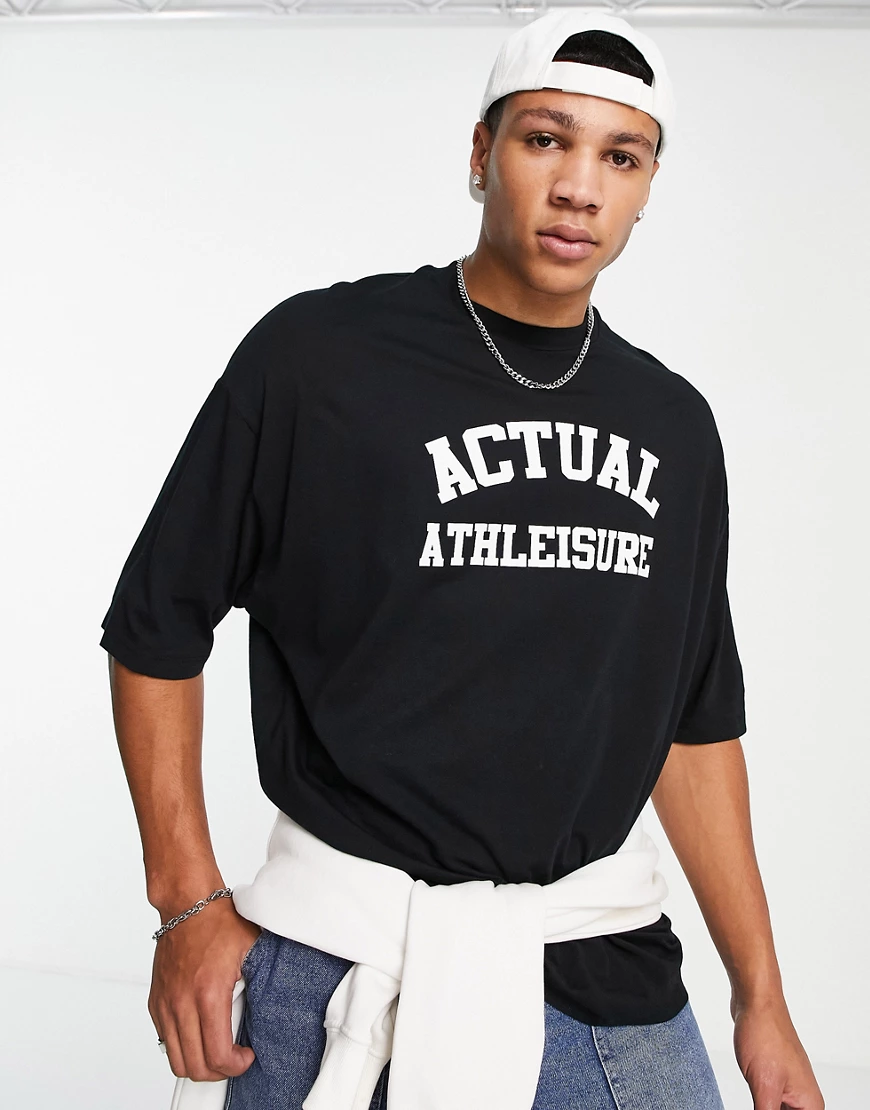ASOS Actual – Athleisure – Oversize-T-Shirt in Schwarz mit Logoprint vorne günstig online kaufen