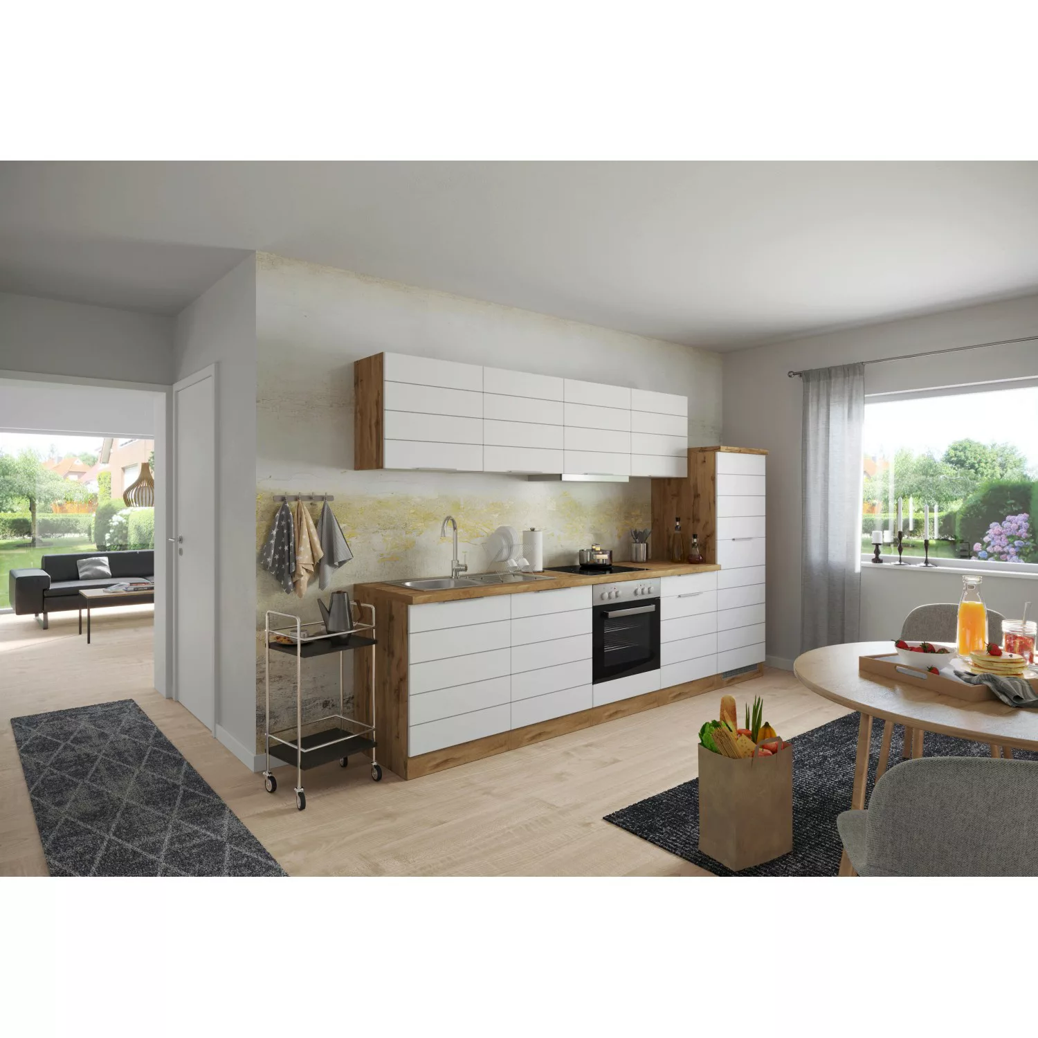 Held Möbel Küchenzeile 300 cm Matt Weiß-Wotaneiche ohne E-Geräte günstig online kaufen