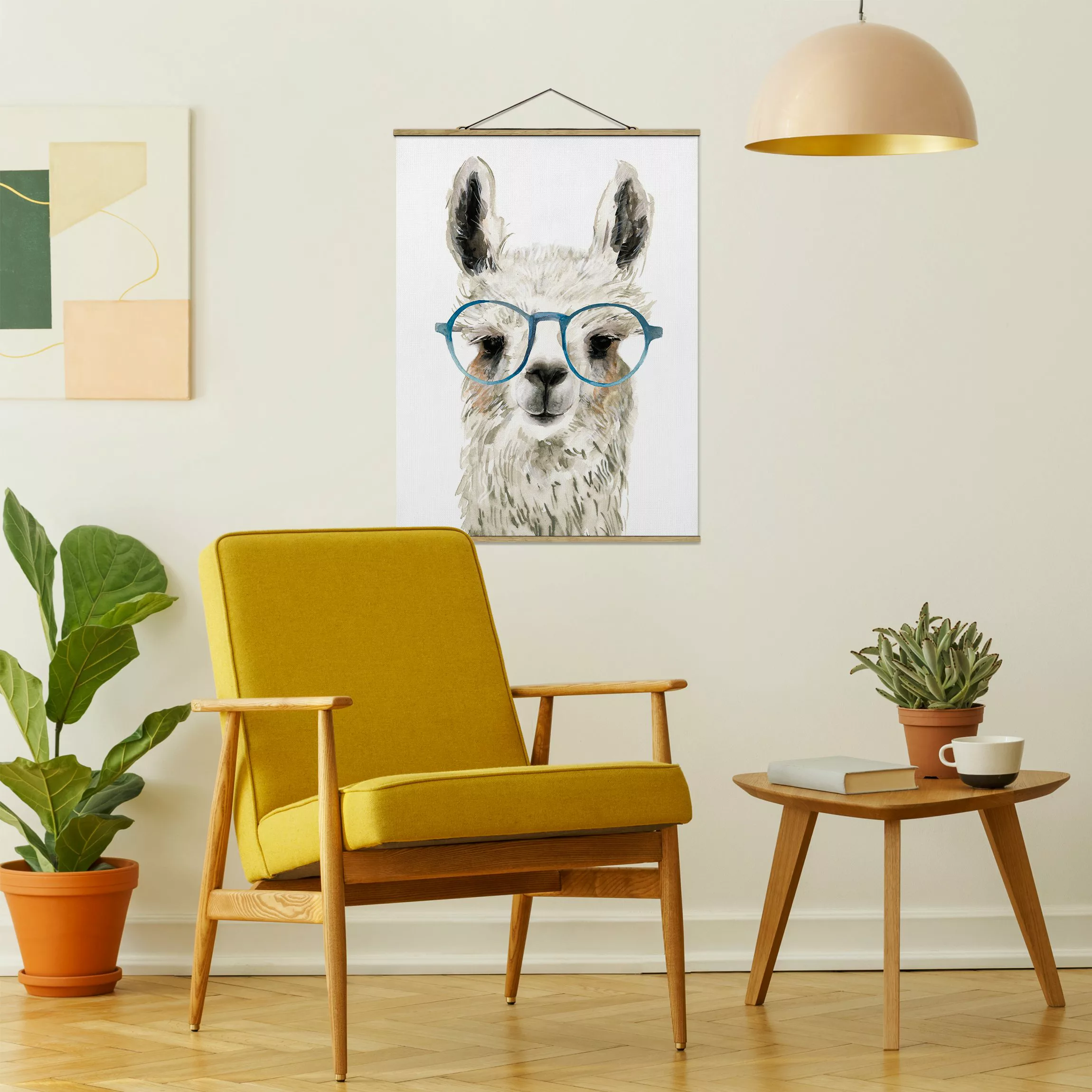 Stoffbild Tiere mit Posterleisten - Hochformat Hippes Lama mit Brille III günstig online kaufen