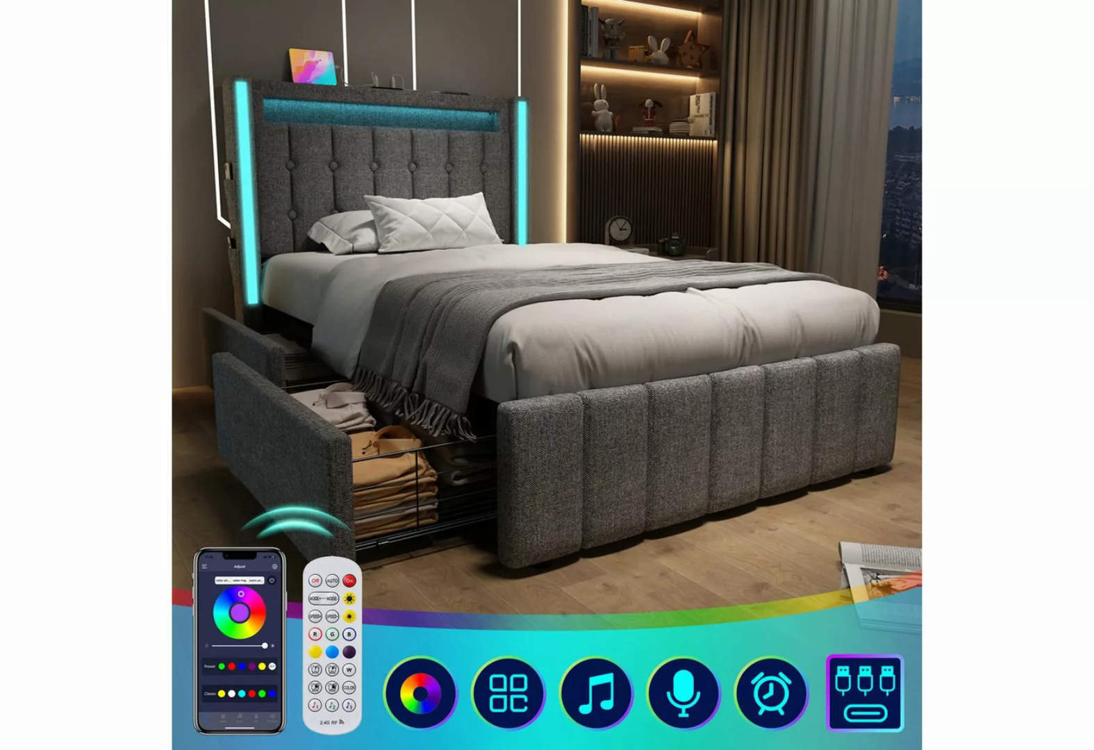 Rutaqian Polsterbett Jugendbetten, mit Bettkasten, LED Beleuchtung, USB Typ günstig online kaufen