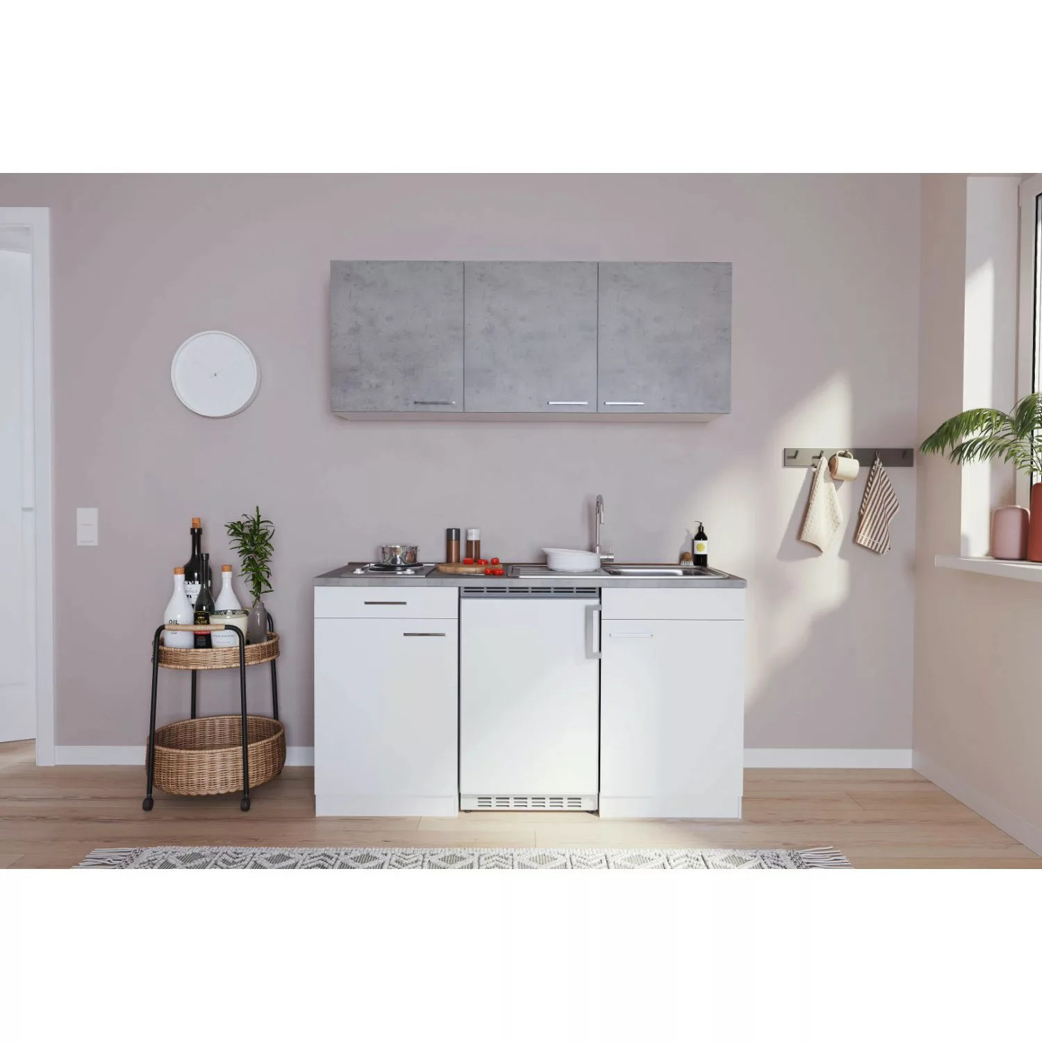 Respekta Küchenzeile KB150WWBG 150 cm Weiß-Beton Optik günstig online kaufen