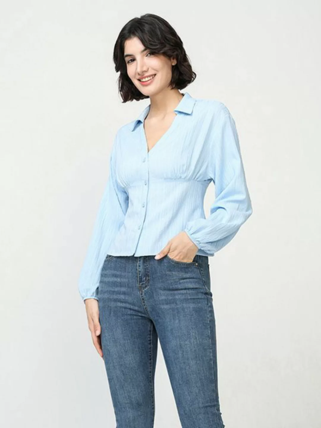 LAPA PLUS Hemdbluse Damen Langarmshirt mit V-Ausschnitt aus modischem Musse günstig online kaufen