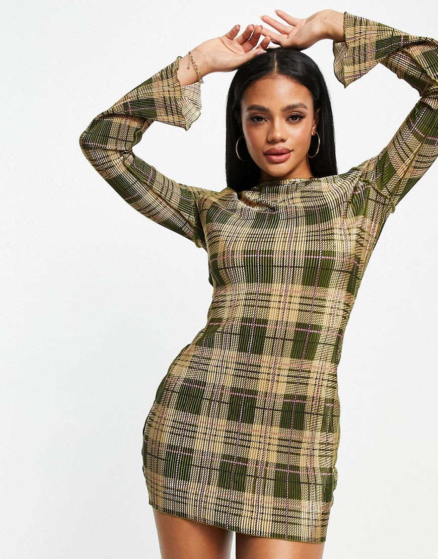 ASOS DESIGN – Plissiertes Minikleid mit langen, ausgestellten Ärmeln in bra günstig online kaufen