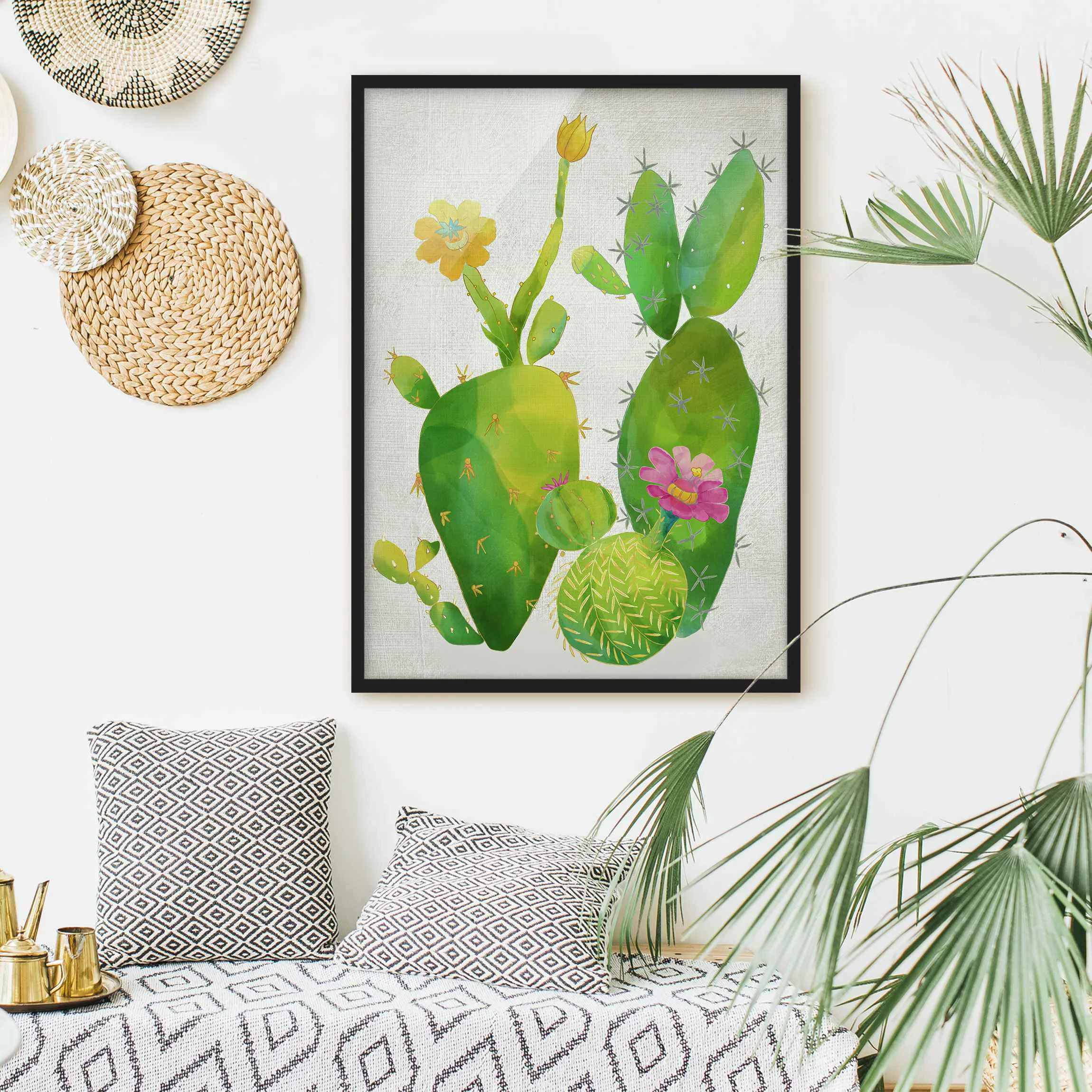 Bild mit Rahmen Blumen - Hochformat Kaktusfamilie rosa gelb günstig online kaufen