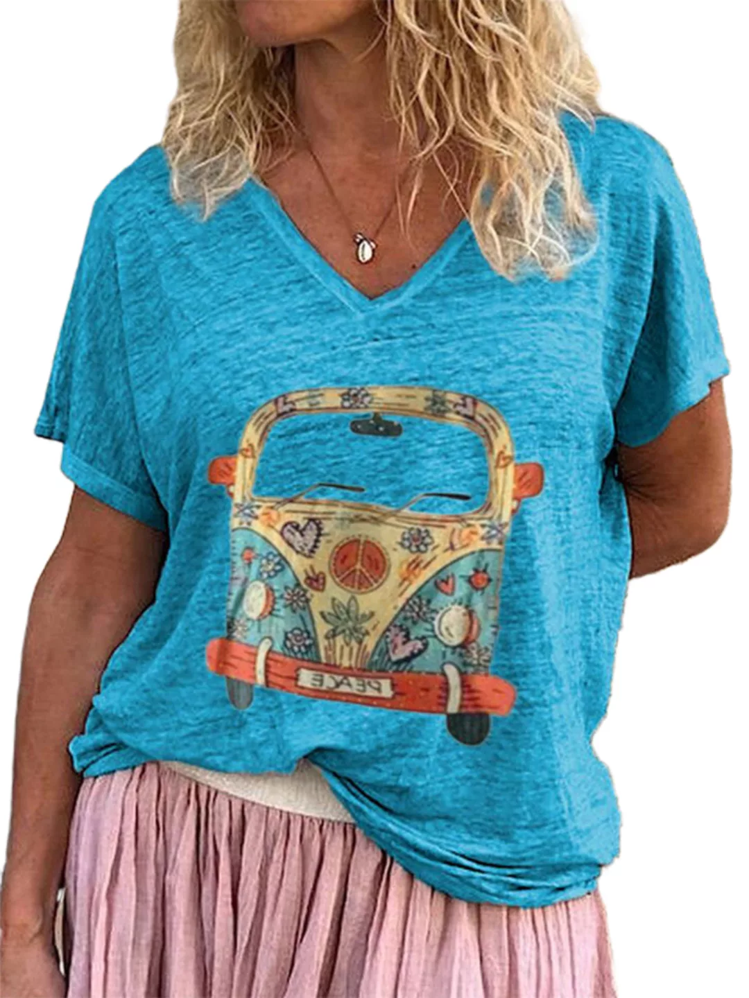 Lässiges Cartoon Bus Bedrucktes Kurzarm-Sommer-T-Shirt mit V-Ausschnitt günstig online kaufen