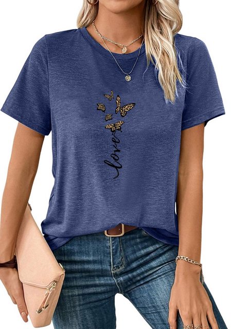 PYL Rundhalsshirt Damen Sommer Casual T-Shirt mit Schmetterling Print Tee günstig online kaufen