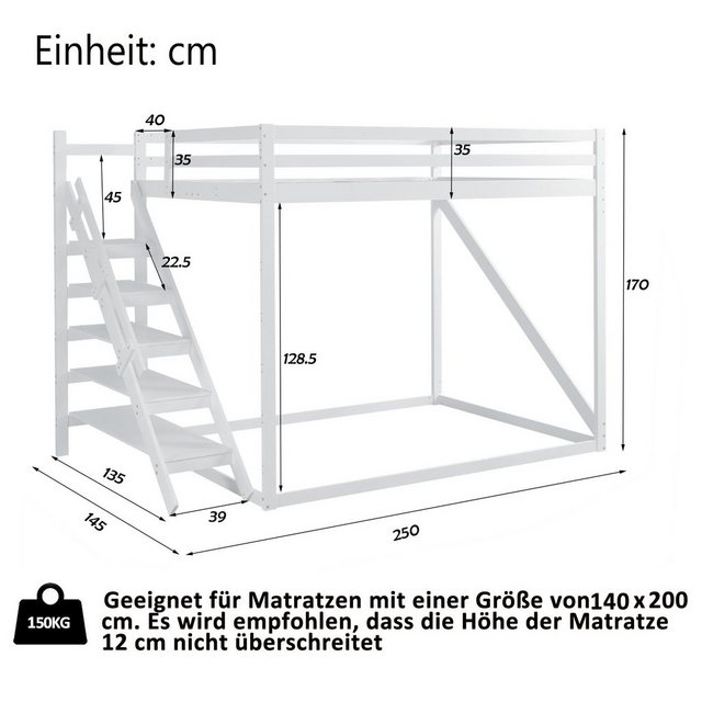 Celya Kinderbett Hochbett 140x200 cm mit Sicherheitsleiter, Etagenbett aus günstig online kaufen