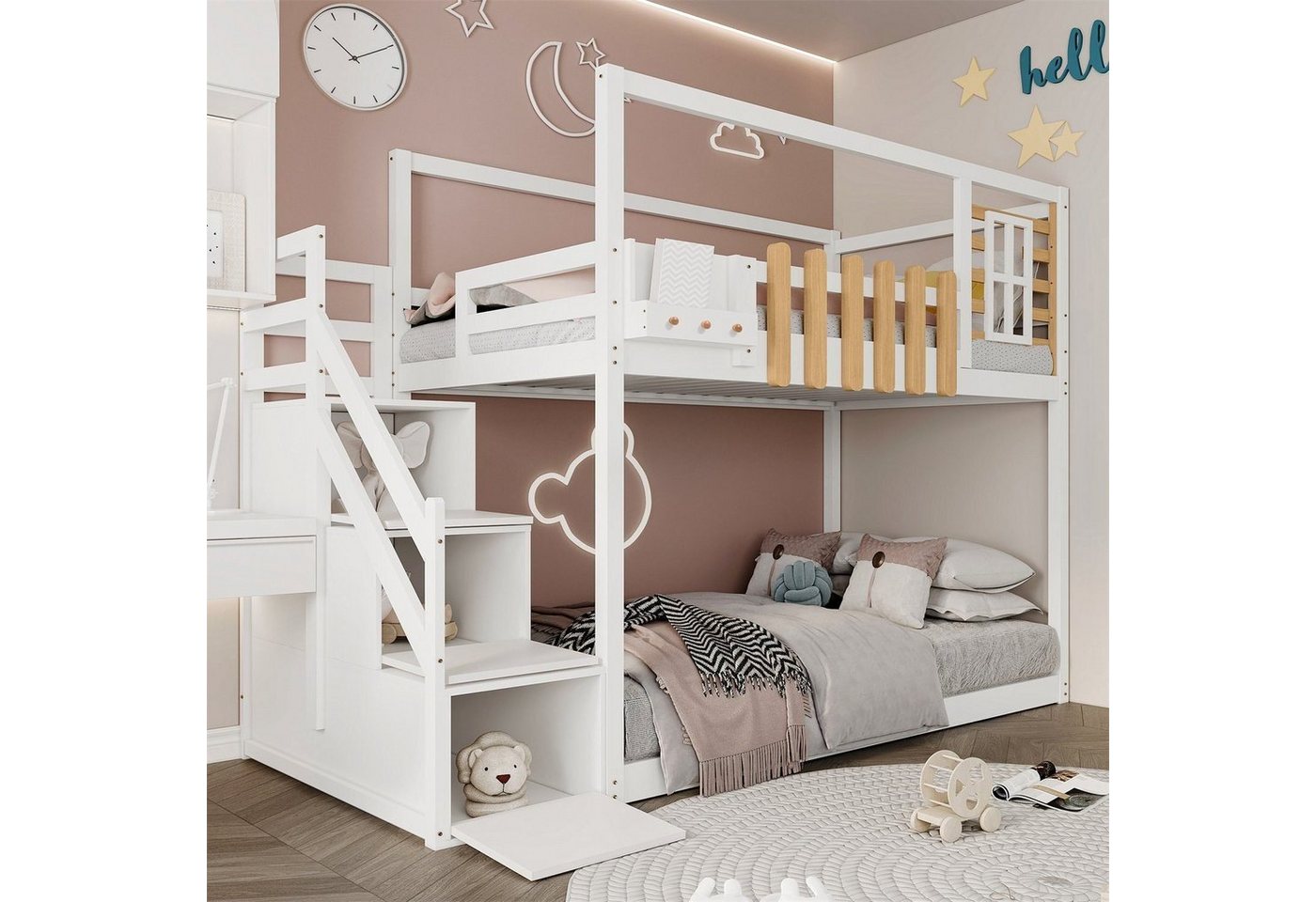 Fangqi Kinderbett 90x200cm Kinderbett,Etagenbett mit Treppe,Fenster & Regal günstig online kaufen