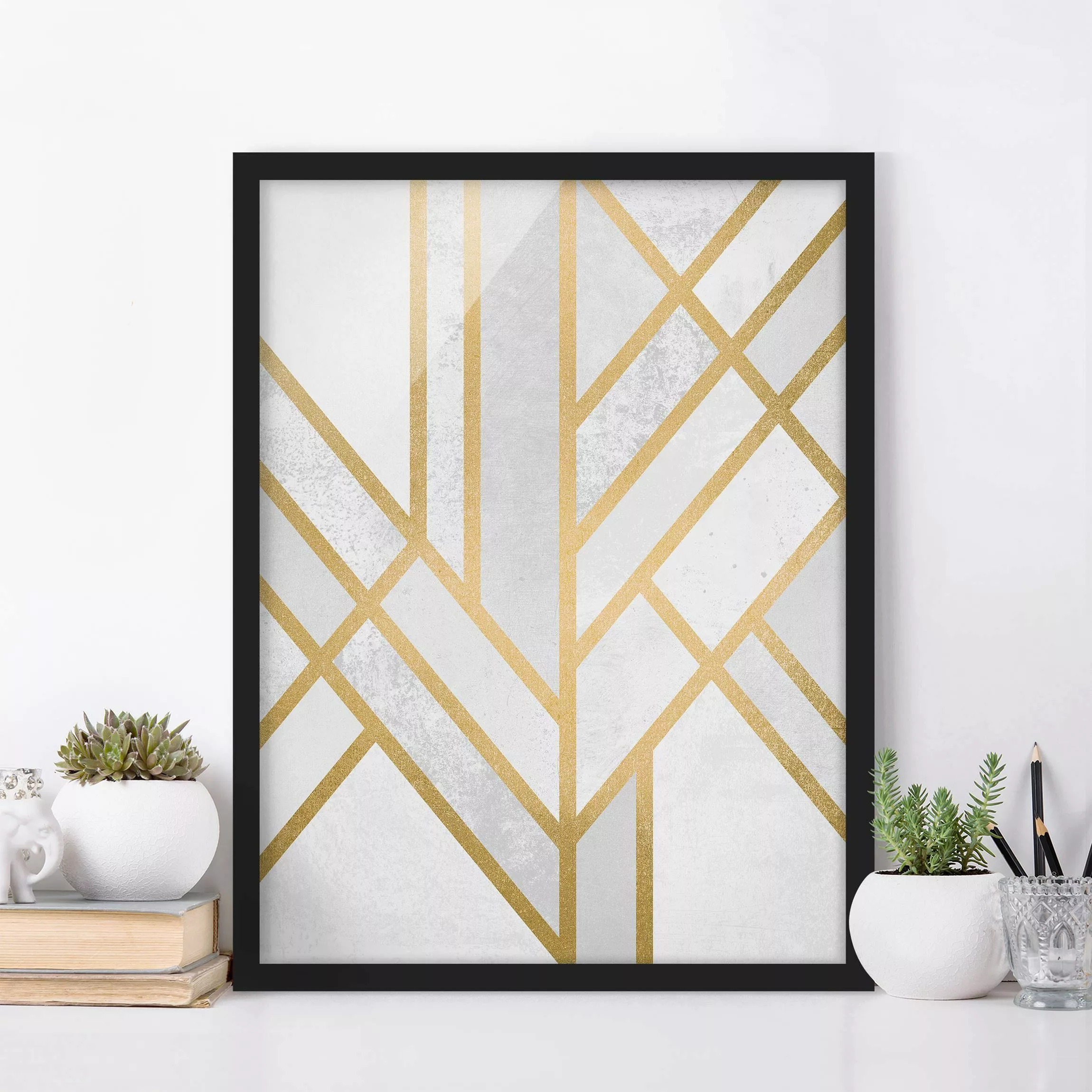 Bild mit Rahmen Abstrakt - Hochformat Art Deco Geometrie Weiß Gold günstig online kaufen